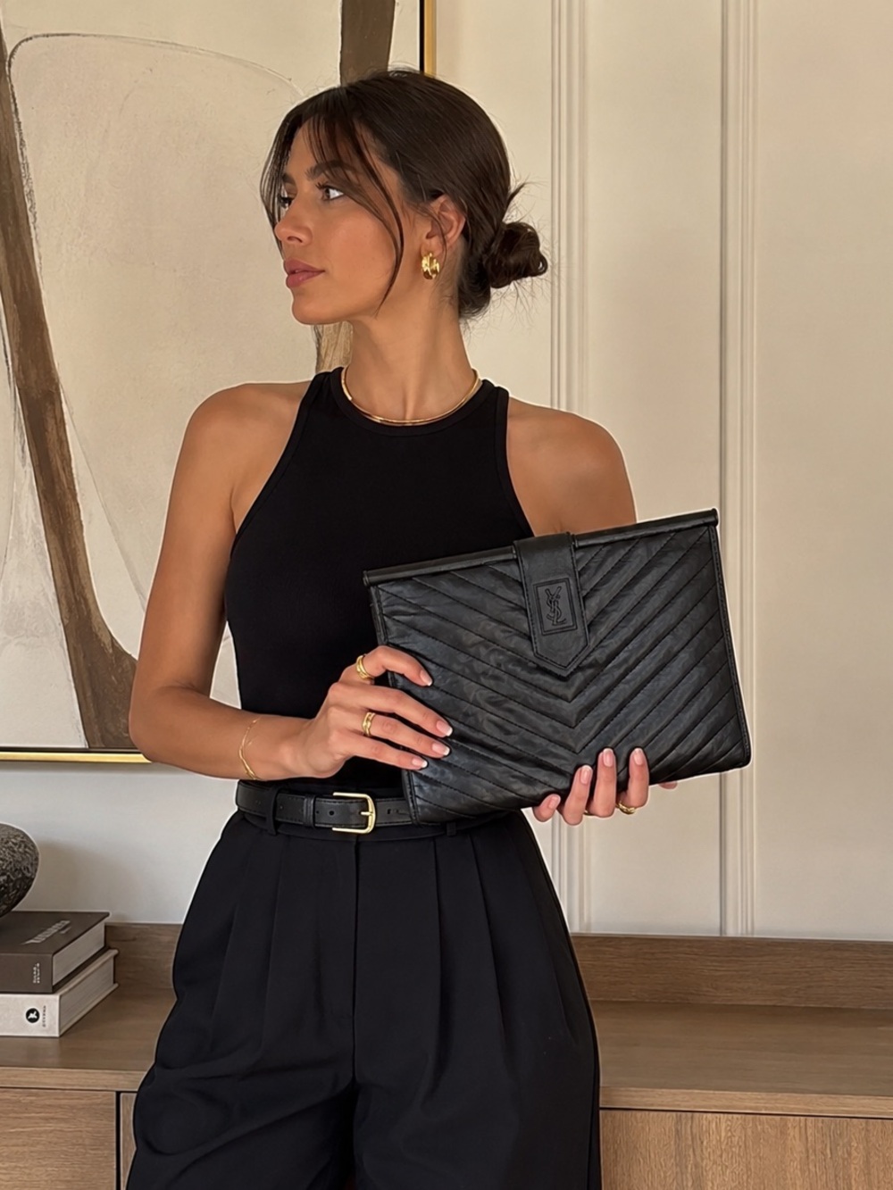 Stunning Yves Saint Laurent Black Exterior with Beige Monogram Interior Clutch.